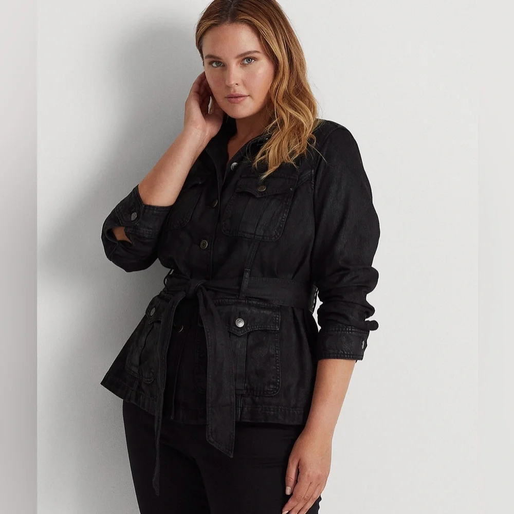 NWT Ralph Lauren Plus Size Black Onyx Belted Coated Denim Trucker Jacket Sz 14W - Picture 1 of 11